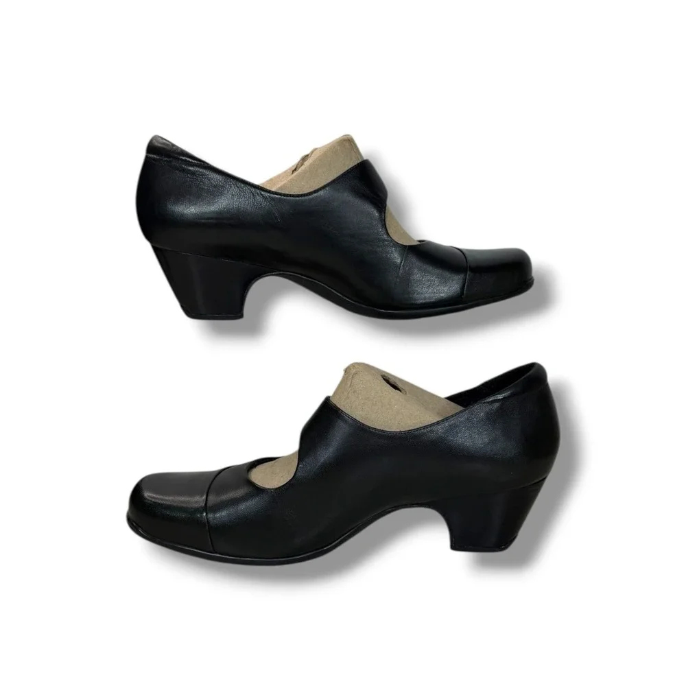 Clarks Artisan Sugar Palm Black Leather Mary Jane Block Heel Pumps 9.5W 26102221